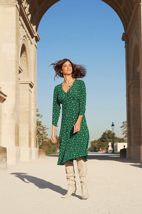Green Animal Print Ruched Front Midi Dress