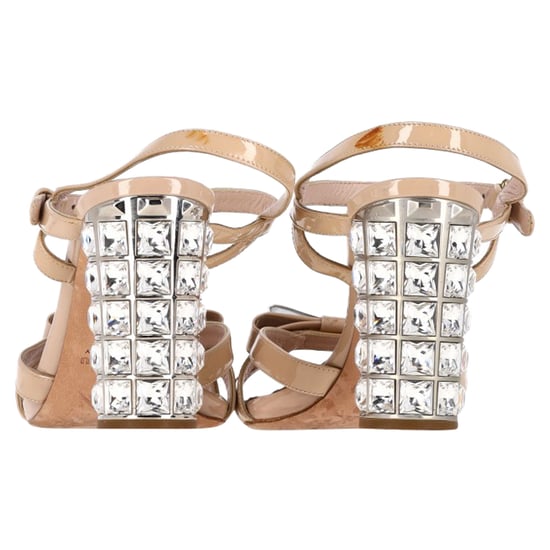 Miu Miu Bow Detail Ankle Strap Crystal Heel Sandals in Nude Patent Leather - Image 4