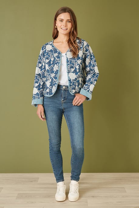 Blue Patchwork Print Reversible Cotton Quilted Jacket