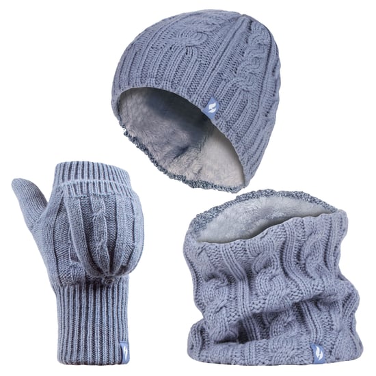 Heat Holders - Womens Thermal Winter Fleece Hat, Neck Warmer and Converter Gloves set - Dusky Blue - Image 1
