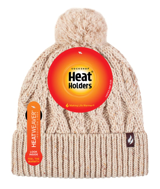 Ladies Pom Pom Bobble Hat | Heat Holders | Fashionable Chunky Warm Cable Knit Beanie with Heatweaver Fleece Lining | Salzburg Style - Natural - Image 2
