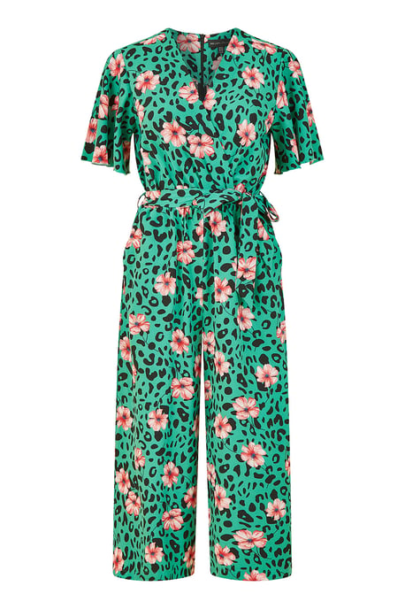 Green Animal Print Jumpsuit With Angel Sleeves