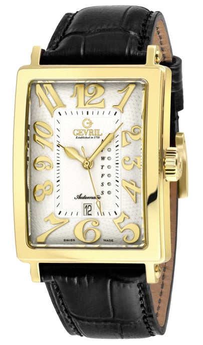 Gevril Men's Avenue of America's IPYG Case, Silver/Gold Dial, Genuine Italian Handmade Leather Strap