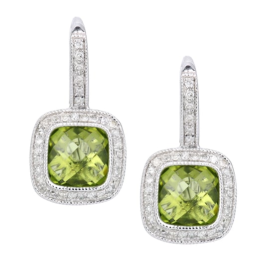 9ct White Gold Diamond and Peridot Square Hoop Earrings - Image 1