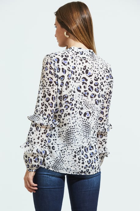 Cream Abstract Animal Print Ruffle Sleeve Top