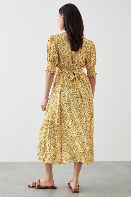 Petite Yellow Ditsy Shirred Cuff Midi Dress - Image 3