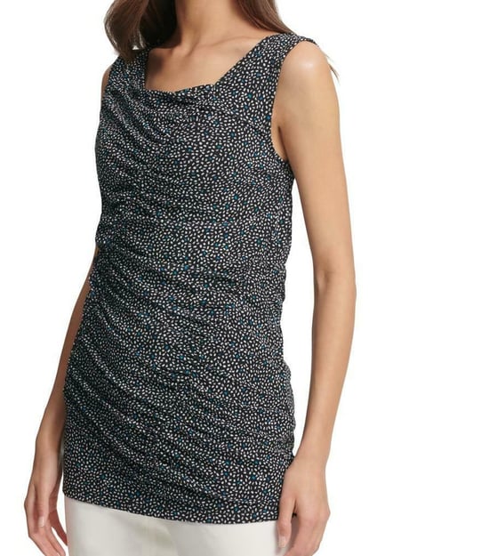 DKNY Women's Top Black Size XS Dotted Print Ruched Trim Tank Stretch
