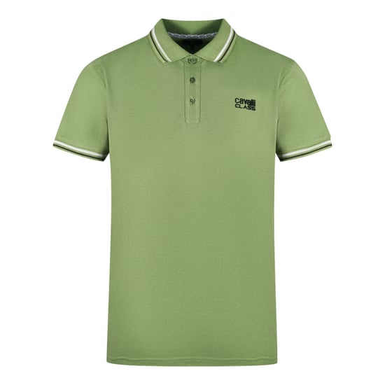 Cavalli Class Twinned Tipped Collar Black Logo Green Polo Shirt - Image 1