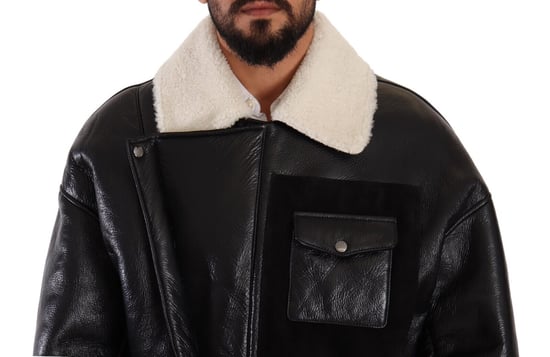 Dolce & Gabbana Herrarnas Svart Läder Shearling Bikerjacka - Image 4