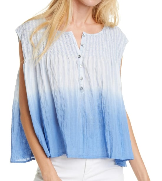 Free People Women's Boxy Blouse Blue Size XS Henley Shirred Ombre