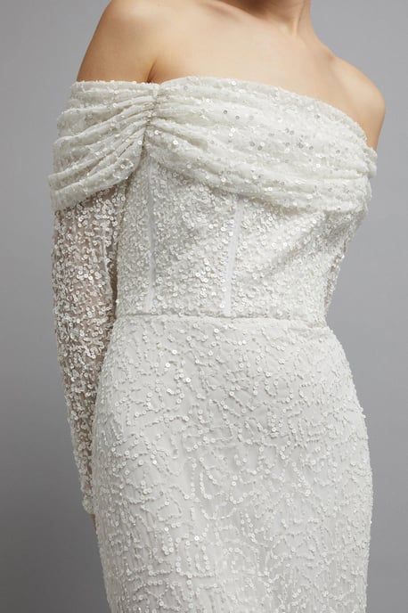 Draped Bardot Sequin Long Sleeve Maxi Dress
