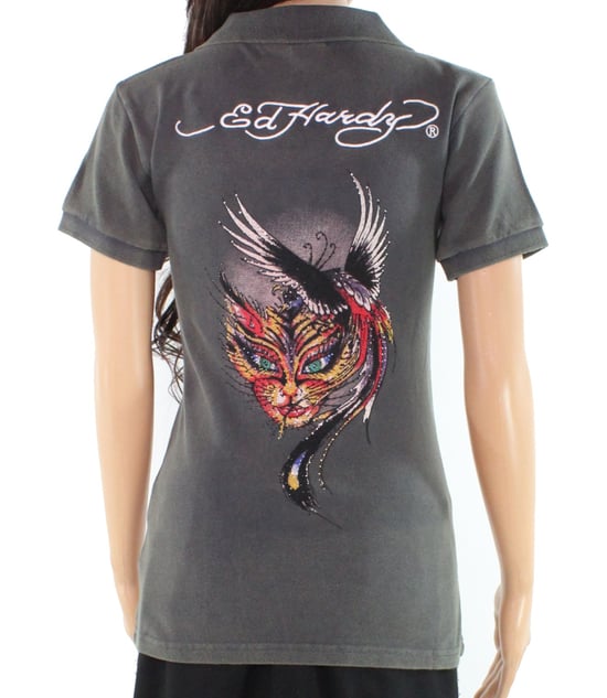 Ed Hardy Women's Shirt Gray Size XS Polo Yin-Yang Fire Cat Printed