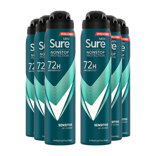 Sure Men Anti-Perspirant 72H Nonstop Protection Sensitive Deodorant 250ml, 6 Pack