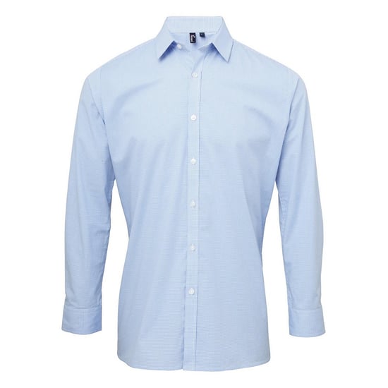 Premier Mens Gingham Long-Sleeved Shirt (Light Blue/White) - Image 1