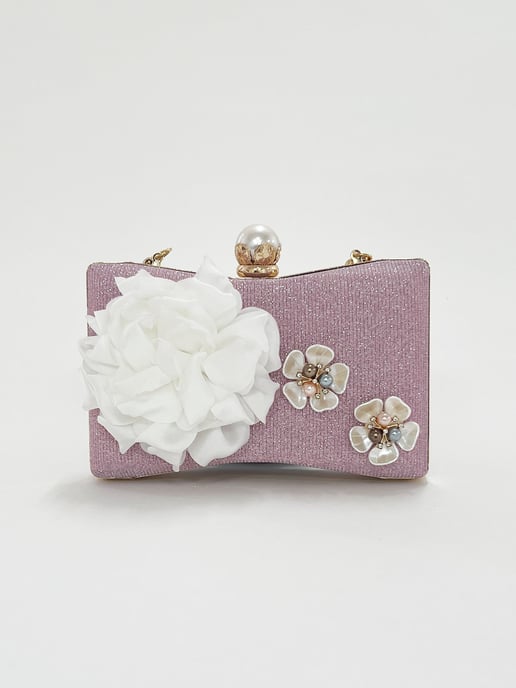 Square clutch Bag with 3D florals and Rhinestone handle in Pink