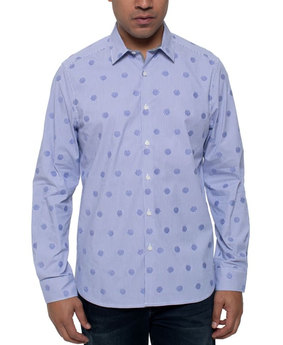 Kenneth Cole Mens Shirt Blue Size Large L Striped Dot Button-Down