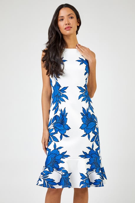 Floral Border Print Frill Stretch Dress