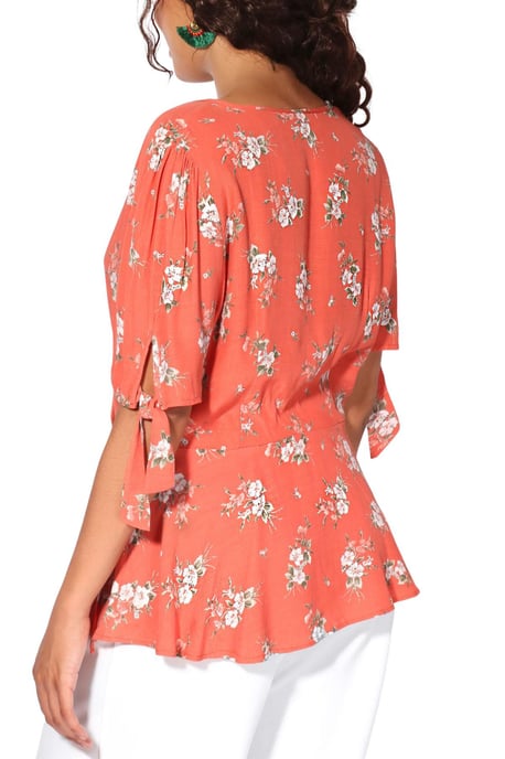 Tie Sleeve Floral Wrap Blouse