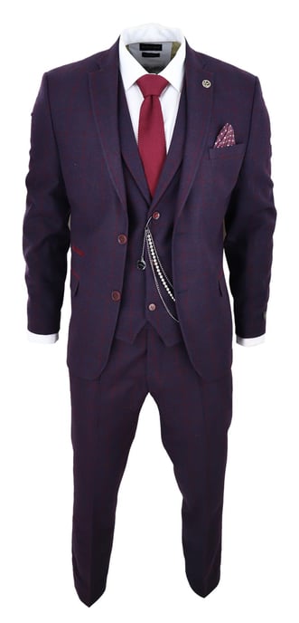 Mens 3 Piece Tweed Suit Plum Purple Check Peaky Blinders Classic 1920 Gatsby - Image 2