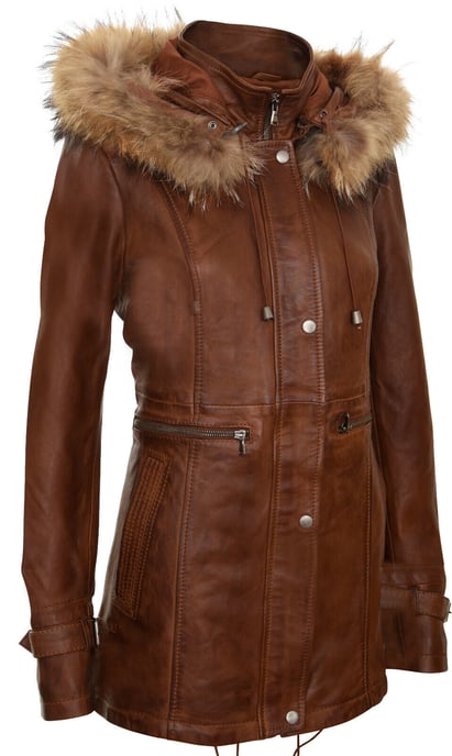 Warm women's leather parka jacket with hood - Northwich