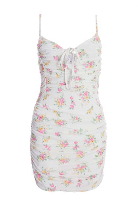White Ditsy Floral Ruched Mini Dress