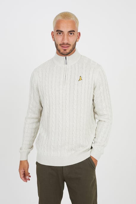 Light Beige 'August' Quarter Zip Neck Cable Knit Jumper