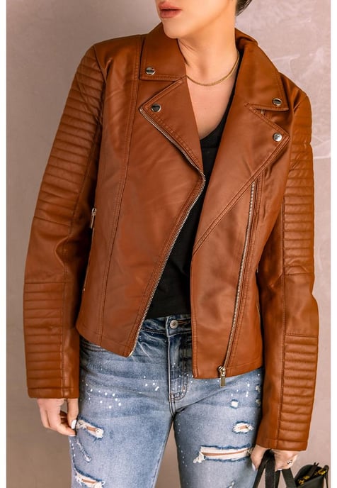 Women's Ribbed Seam Detail Faux Leather Motorcycle Jacket in Brown - Image 1