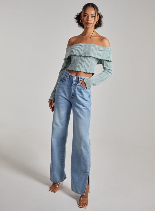 Wide Brushed Ribbed Bardot Top