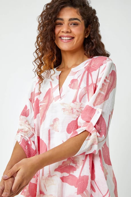 Palm Print V-Neck Wrap Hem Tunic Top
