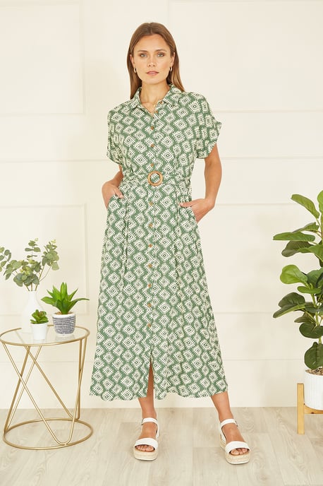 Green Viscose Midi Shirt Dress With Matching Belt