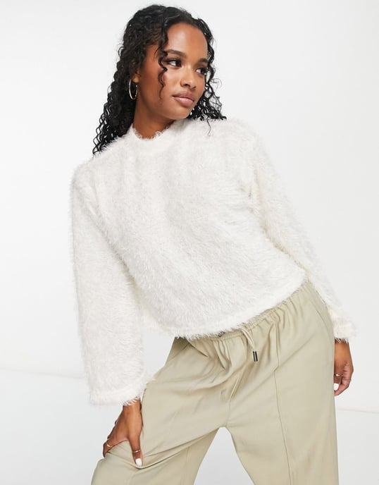 Pieces Petite exclusive high neck fluffy jumper in white