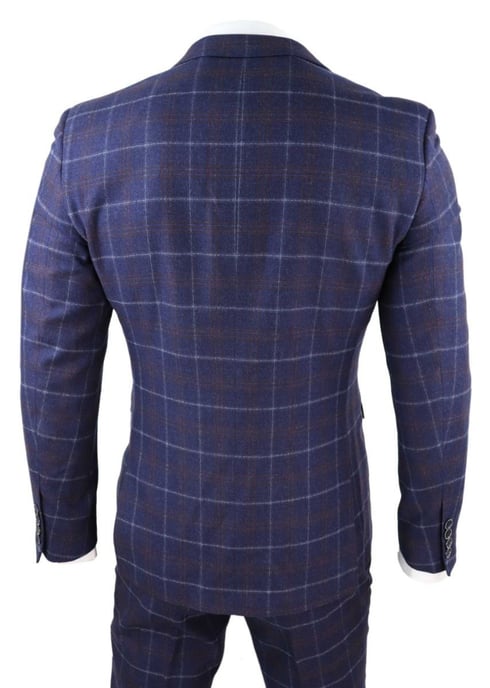 Mens 3 Piece Navy Blue Wool Check Retro Suit