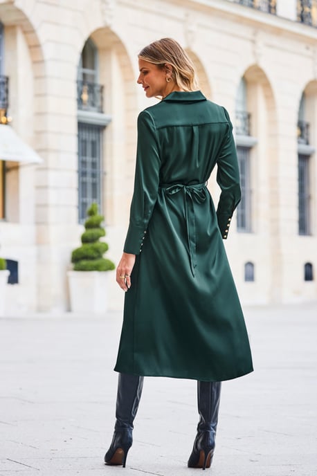 Green Satin Shirt Dress With Luxe Gold Belt