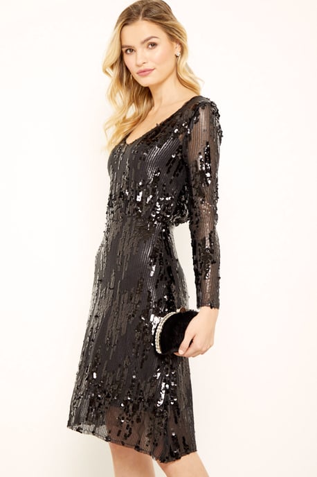 Black Scattered Sequin V Neck Dress