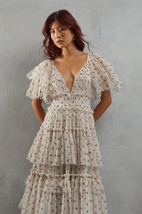 Tulle Spot Plunge Neck Flutter Sleeve Tier Maxi Dress - Image 2