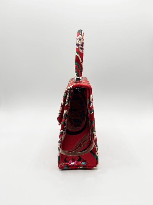 Red Satin Embroidered Top Handle Bag