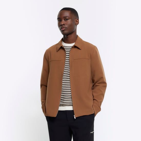 River Island Mens Smart Shacket Brown Regular Fit Zip Up