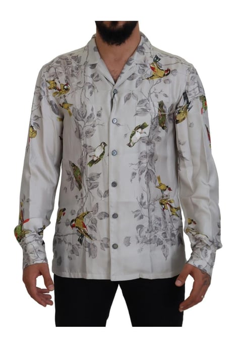 Dolce & Gabbana Men's White Bird Print Silk Satin Casual Shirt - Image 1
