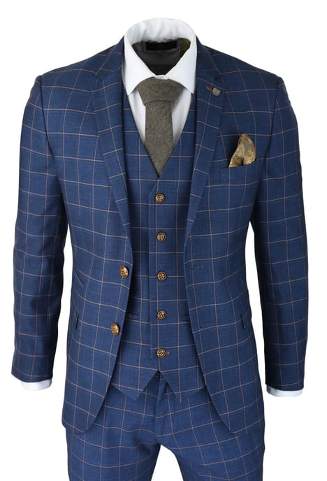 Mens 3 Piece Suit Blue Gold Check Peaky Blinders 1920 Gatsby Smart Vintage Suit - Image 1