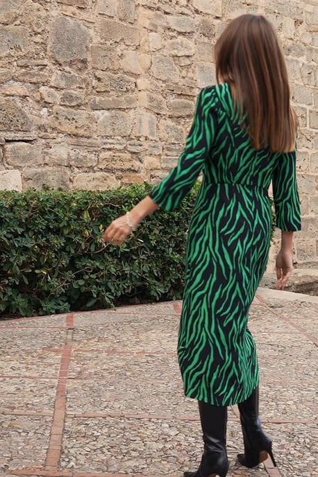 Black & Green Animal Print Midi Dress