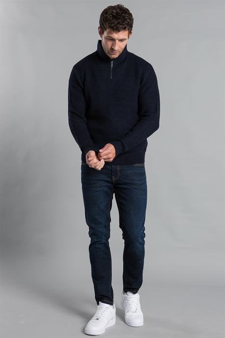 Dark Navy Waffle Knit Jumper With 1/4 Zip Funnel Neck