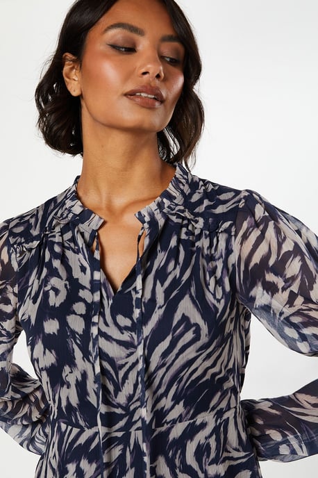 Navy Animal Chiffon Ruffle Hem Long Sleeve Mini Dress
