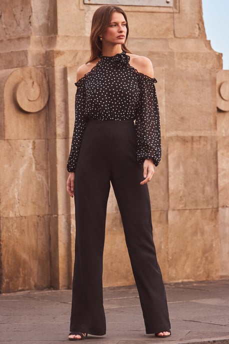 Black Spot Print Corsage Detail Cold Shoulder Two Part Jumpsuit