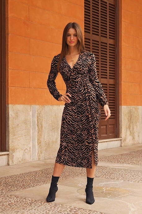 Natural Animal Print Midi Wrap Jersey Dress