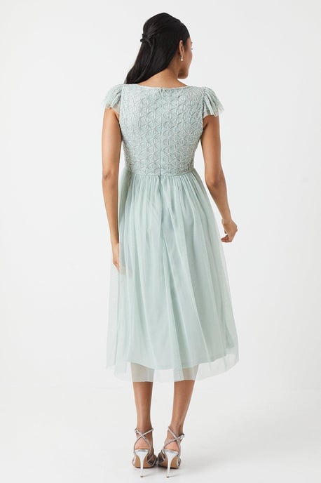 Geometric Embroidered Flutter Sleeve Bridesmaids Midi Dress