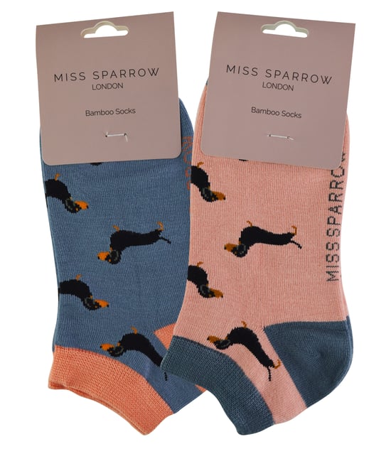 2 Pair Multipack Ladies Bamboo Trainer Socks | Miss Sparrow | Breathable Novelty Animal Patterns Socks - Sausage Dog - Image 2