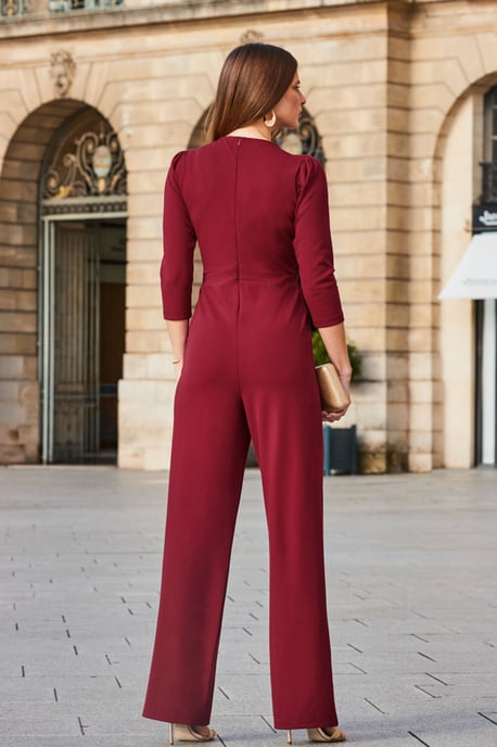 Burgundy Faux Wrap Chain Detail Wide Leg Jumpsuit