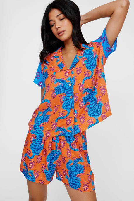 Tiger Spliced Pajama Shorts Set