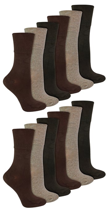 IOMI - 12 Pair Multipack Ladies Diabetic Bamboo Socks | Womens Extra Wide Seamless Socks with Non Elastic Gentle Grip Top - Dark Brown - Image 1