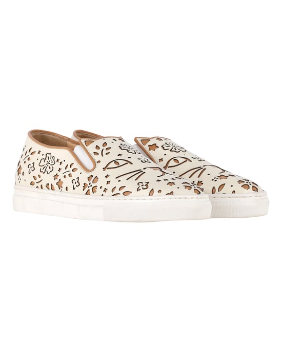 Charlotte Olympia Cool Cats Laser-cut Slip-On Sneakers in Cream Leather - Image 3